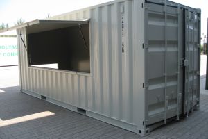 20' High-Cube Eventcontainer / Messecontainer / Seitenklappe mit Gasdruckfeder - h+s container GmbH