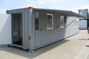40' High-Cube Werkstattcontainer / Personentür, Fenstern und schwenkbares Vordach - h+s container GmbH