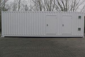 12m Rechenzentrumcontainer - IT-Container / Seitenansicht mit Zugangstüren und Panikschloss - h+s container GmbH